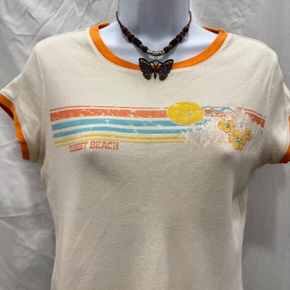 Y2K Ringer Tee M Self Esteem Sunset Beach Surf Print Floral Rhinestone - Picture 4 of 8